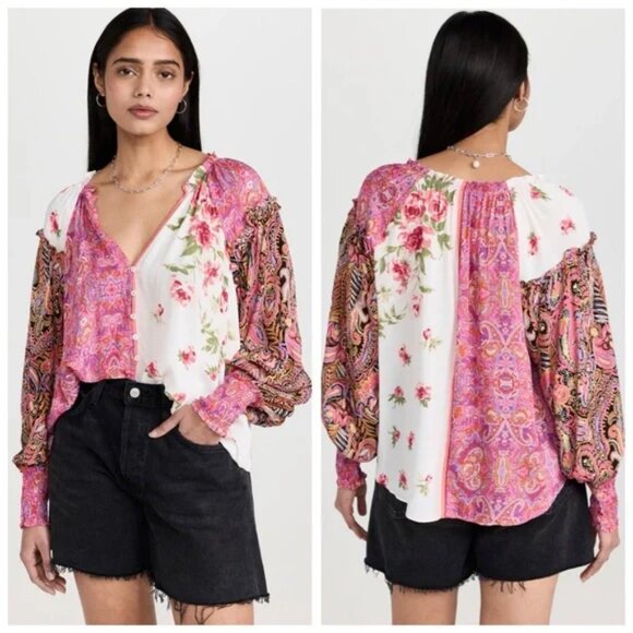 Free People Gemini Floral Paisley Mixed Patchwork Boho Blouse Button Oversize - Picture 5 of 15